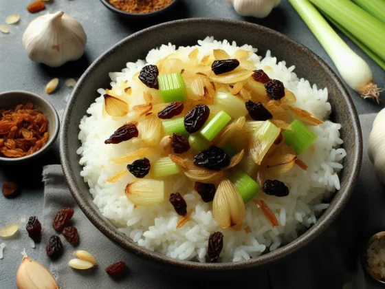 Imagen de un delicioso plato de arroz con apio y pasas, una receta aromática y sabrosa