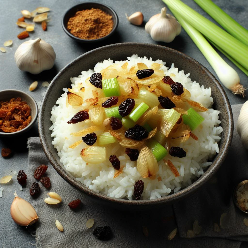 Imagen de un delicioso plato de arroz con apio y pasas, una receta aromática y sabrosa