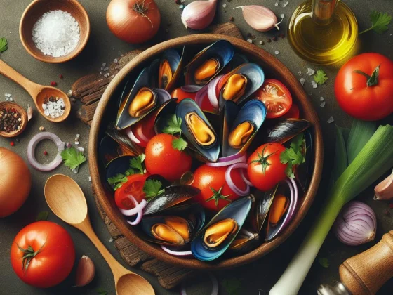Plato de mejillones a la marinera con una salsa de tomate, cebolla, ajo y hierbas aromáticas
