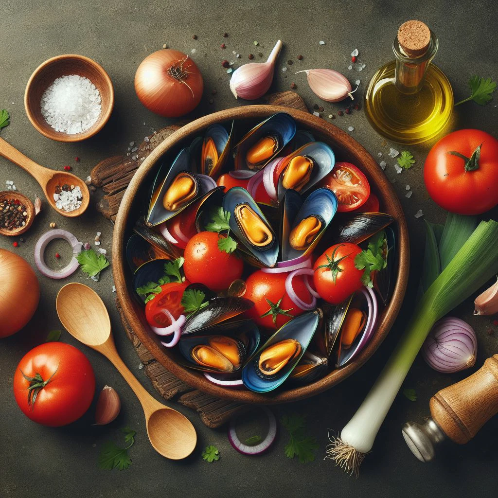 Plato de mejillones a la marinera con una salsa de tomate, cebolla, ajo y hierbas aromáticas