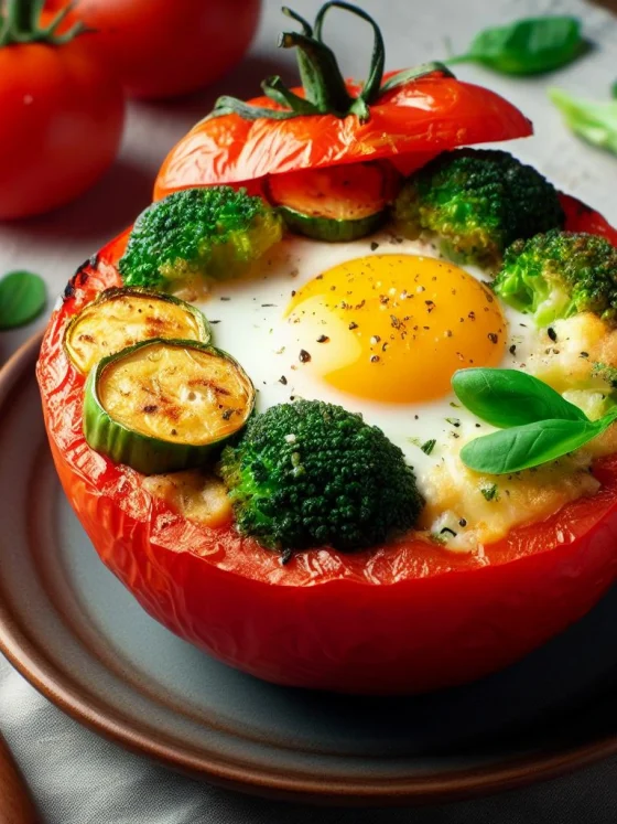 Imagen de un delicioso tomate relleno de verduras y huevo, una receta sabrosa y saludable.