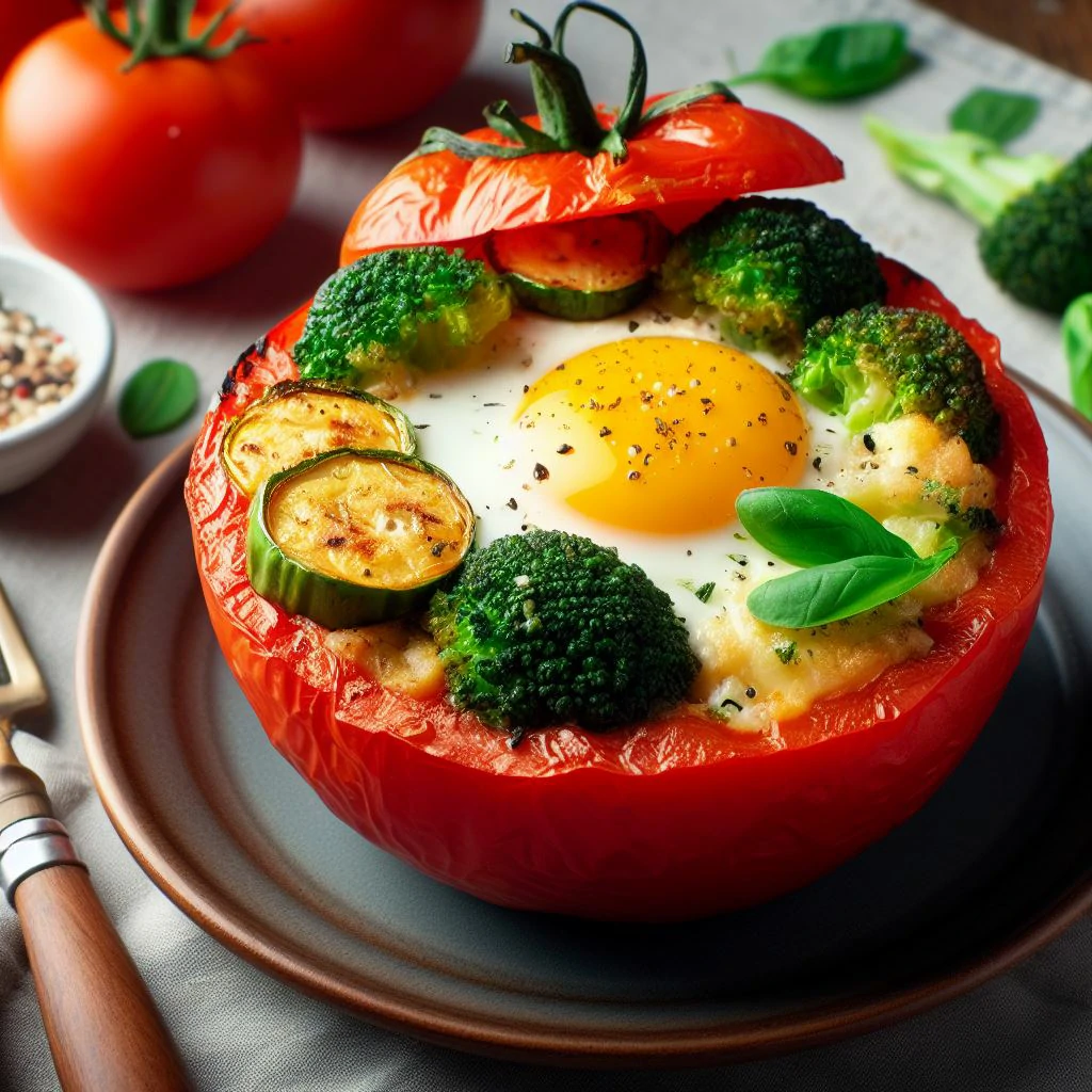 Imagen de un delicioso tomate relleno de verduras y huevo, una receta sabrosa y saludable.