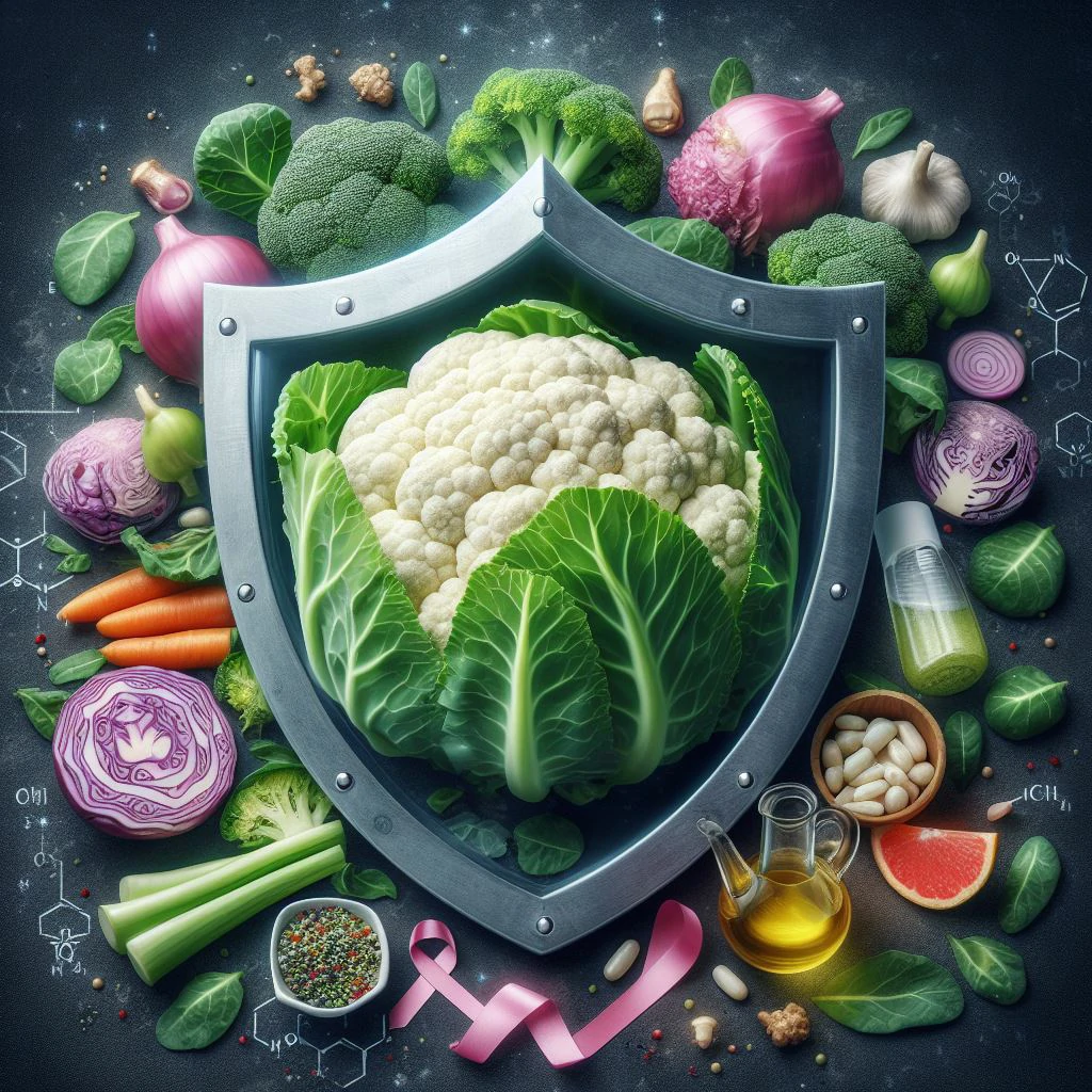 Una imagen que muestra un escudo formado por diferentes tipos de coles, como brócoli, coliflor y repollo, rodeado por las palabras “cáncer de próstata, cáncer de mama, cáncer de útero, tumores de estómago, hígado y colon”