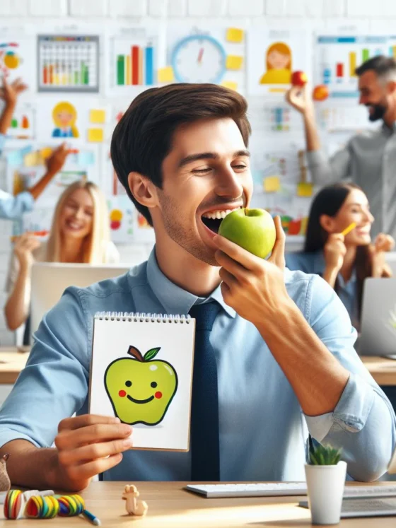 Imagen de un trabajador feliz comiendo una manzana en la oficina