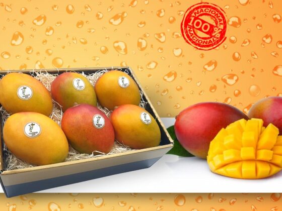 Imagen de una caja con 6 mangos, junto a un mango normal y otro abierto, representando la calidad de nuestros mangos nacionales