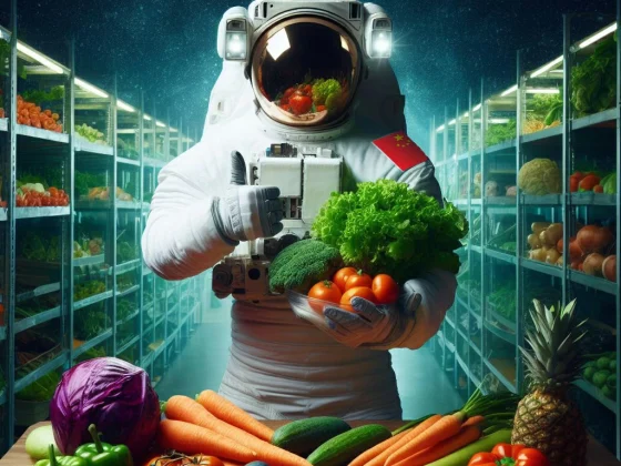 Un astronauta vestido de blanco sostiene un manojo de verduras en un pasillo de supermercado lleno de frutas y hortalizas.