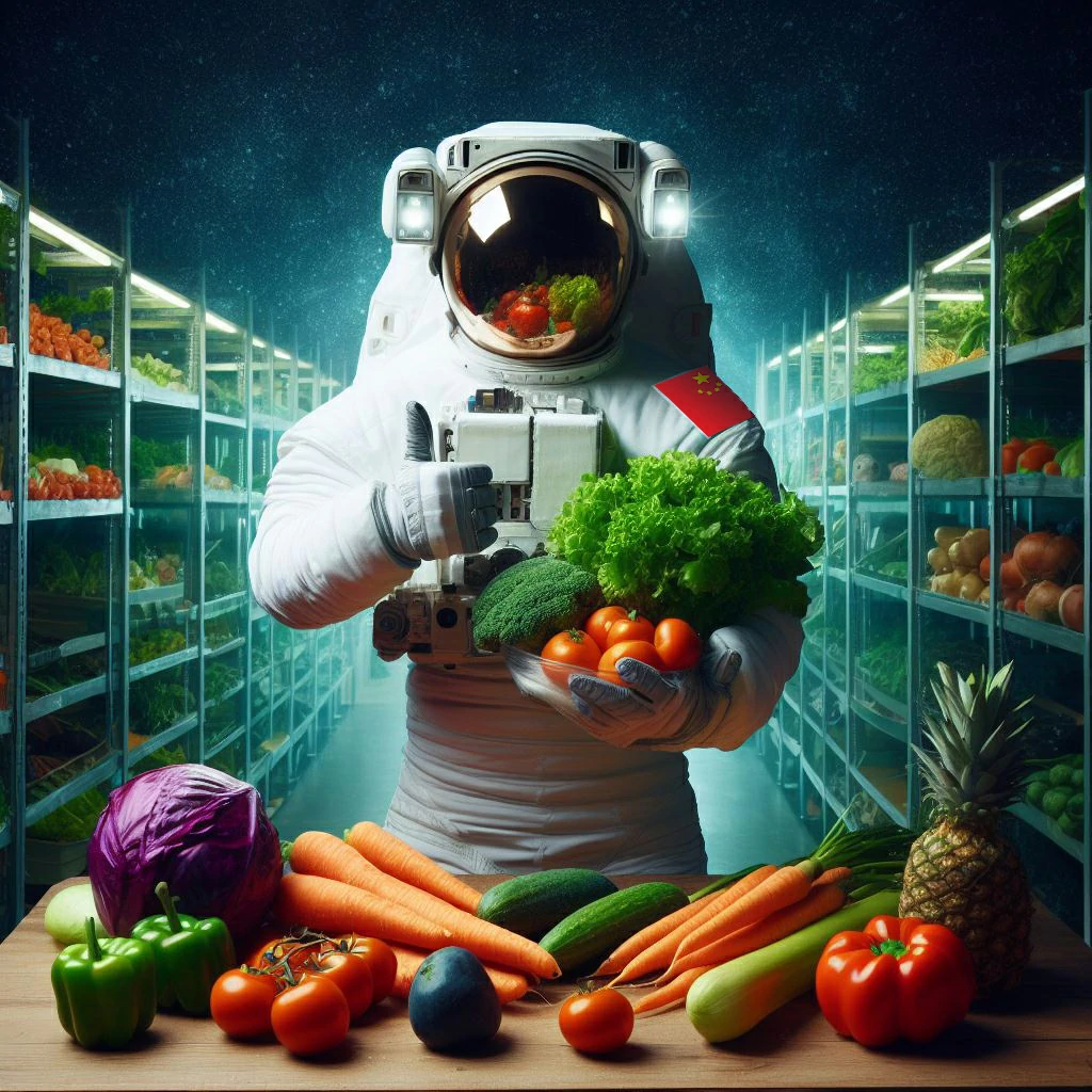 Un astronauta vestido de blanco sostiene un manojo de verduras en un pasillo de supermercado lleno de frutas y hortalizas.