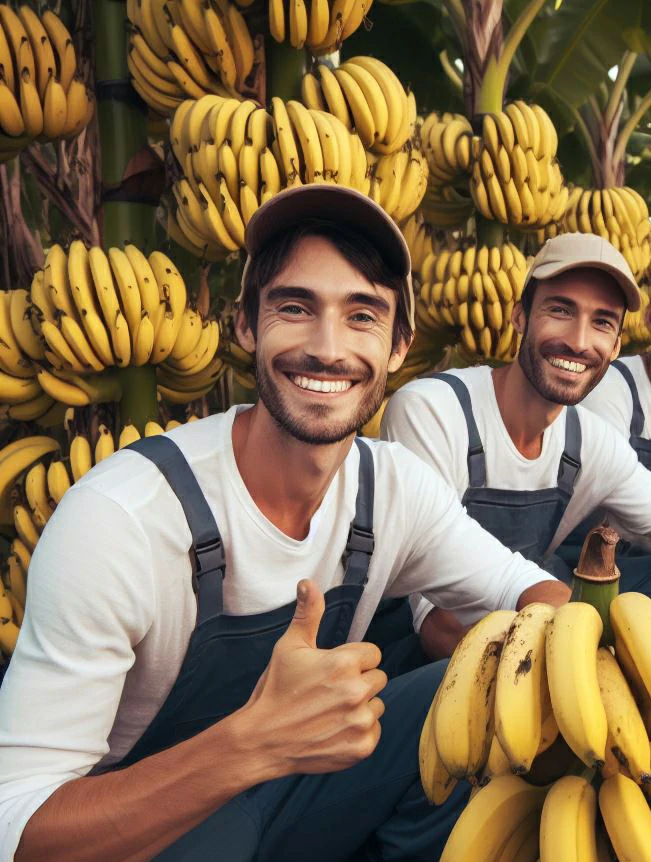 Imagen de trabajadores en una plantación de plátanos canarios, dedicados a la cosecha de esta deliciosa fruta